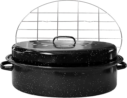 Large Roasting Pan with Lid and Rack 19"Granite Turkey Roaster Pan Set Enameled Steel Design Suitable for Turkey Versatile Cooking Barbecuing,Dishwasher Safe Cookware Holiday Gifts 1