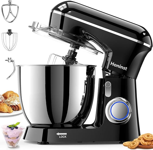 Honinst Stand Mixer, 6.5QT 10-Speed Tilt-Head Electric Stand Mixer, 3-In-1 Kitchen Mixer with Bowl, Dough Hook, Whisk and Beater, Food Mixer for Baking, Cake and Most Home Cooks, Black