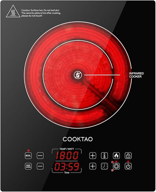 Dual Heating Coil Design of Single Burner Electric Cooktop, 1800W Ceramic Infrared Cooking Hot Plate, Portable Countertop or Built-in Radiant Stove Top Cooker with Wattage and Temperature Control