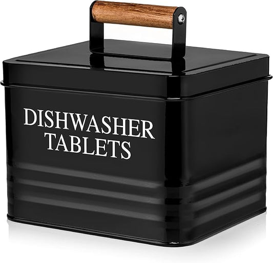Calindiana Modern Farmhouse Metal Dishwasher Pods Container Holder with Lid for Kitchen Organization and Storage, Kitchen Essentials Decor Accessories, Black