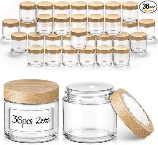 2 oz Glass Jars with Lids, 36 Pack Clear Small Glass Jars with Woodgrain Lids Leakproof Round Airtight Empty Cosmetic Travel Containers with Inner Liners for Lotions Powders and Candle Making