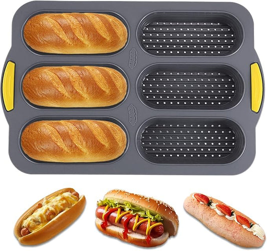 6-cavity Silicone Bread Loaf Pan, Nonstick Sourdough Loaf Pan & Heat Resistant Baguette Bread Pan, Bread Pans for Homemade Bread, Silicone Molds for Baking Hoagie Rolls, Hot Dog Bun