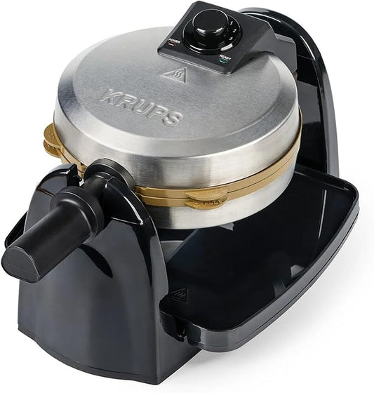 KRUPS Waffle Maker, Rotating Belgian Waffle Maker, 180° Flip Waffle Iron, Ceramic Non-Stick Plate, 3 Browning Control Levels, Foldable Cool Touch Handle, Removable Drip Tray, Stainless Steel