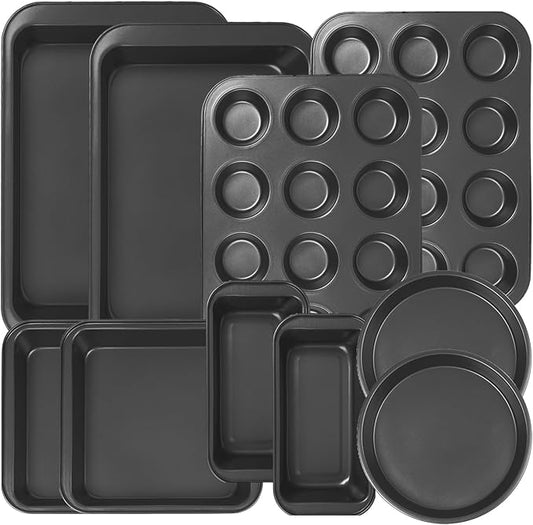 10PCS Nonstick Baking Pans Set - Bakeware Sets for Cooking, Oven and Dishwasher Safe, Non Toxic, Includes Cookie Sheets for Baking, Muffin Pan, Bread Pan, Cake pan, Loaf Pan Roasting Pan Black