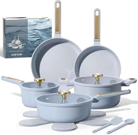 CAROTE Ceramic Cookware Set Nonstick, 14pcs Pots and Pans Set Nonstick, Non-Toxic & PFAS-Free, Dishwasher, RV/Camping Cookware Set, Cooking Pots with Lids, Pastel Blue