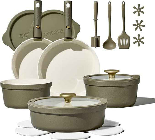 Carote 21pcs Ceramic Cookware Set with Detachable Handles, Pots and Pans Set Non Stick, RV Kitchen Cooking Pot and Pan, Dishwasher Safe, Non-toxic Induction Cookware PFAS and PFOA Free, Olive Green