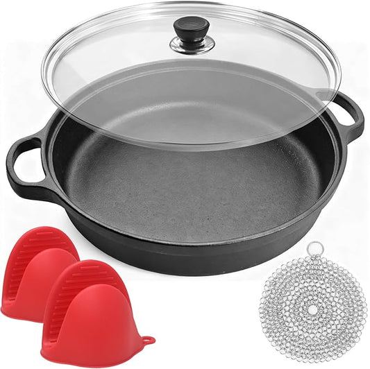 Cast Iron Skillet - Flat Bottomed Frying Pan with Assist Handles,Round Tempered Glass Lid, Cast Iron Scrubber,Silicone Oven Mitts for Stovetop,home baking ﻿ (11.8 inch)