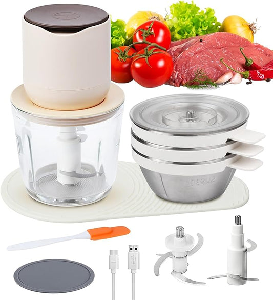 4-in-1 Small Food Processor Cordless Set with 600ml Glass Bowl, 3*240ml Stainless Steel Bowls & 3+4 Blades, USB-C Rechargeable Battery Mini Meat Vegetable Chopper, Electric Kitchen Blender, Mom's Gift