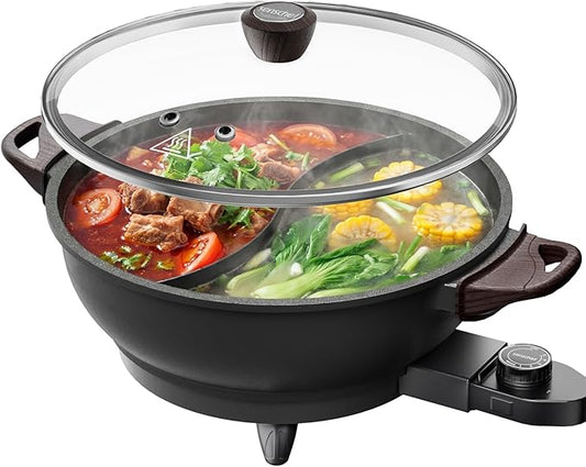 TWIN™ Electric Hot Pot with Divider | PFAS-Free Ceramic Nonstick Pot | EvenHeat Cast Aluminum Body | 1500W Fast Heating | Dual-Flavor Shabu Shabu Pots for Family Use | 1-Yr Warranty