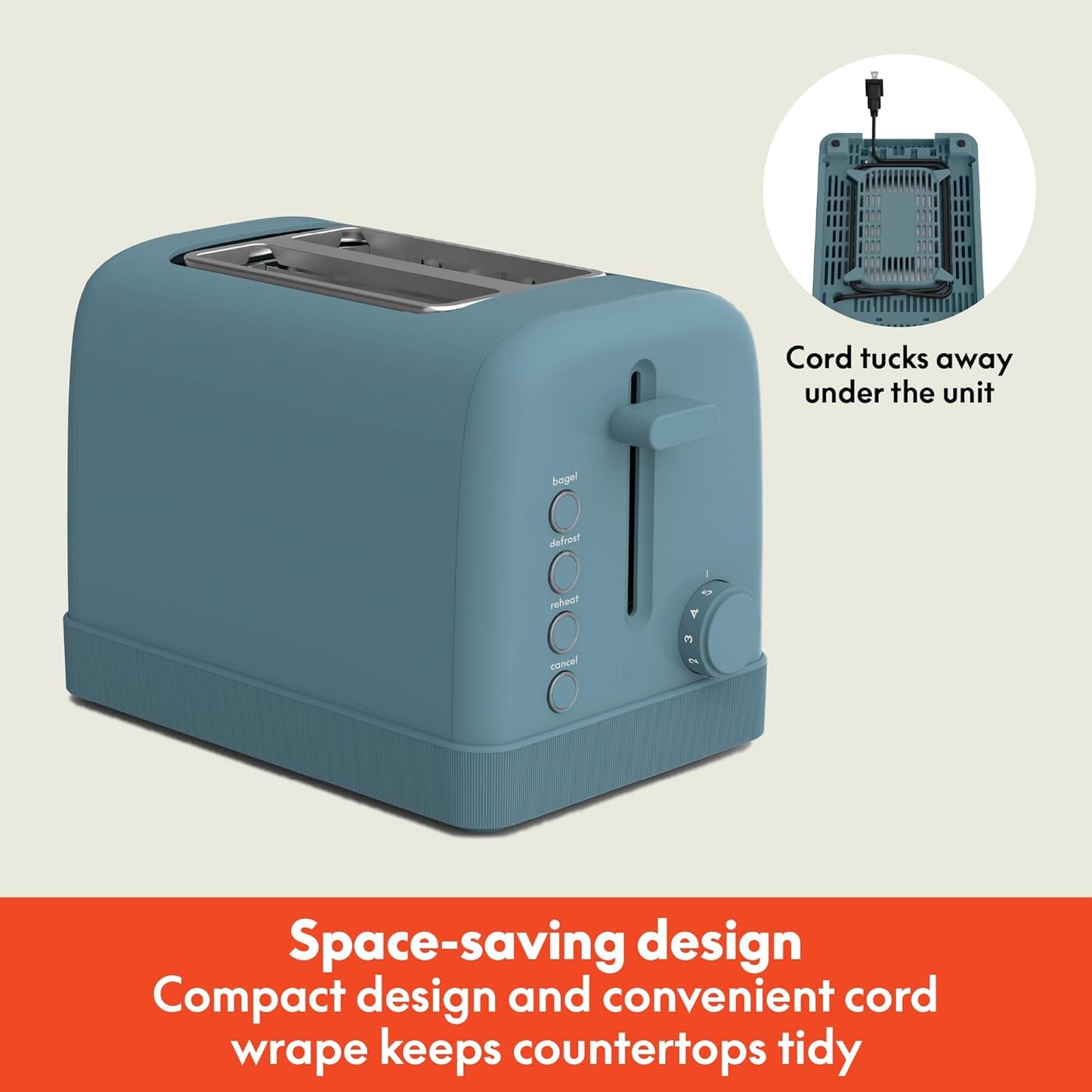 bella 2 Slice Toaster, 6 Setting Shade Control w Reheat, Cancel, Bagel & Defrost Buttons, Removable Crumb Tray, Anti Jam & Auto Shutoff, Auto Centering Guides & Cord Wrap, 900 Watt, Surf