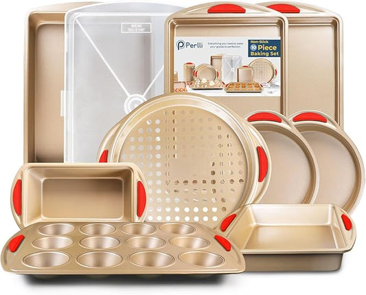 Perlli 10 Piece Baking Set - Nonstick Gold Steel Oven Bakeware With Silicone Handles, Cookie Sheets, Round Cake Pans, 9x13 Pan With Lid, Loaf Pan, Deep Pan, Pizza Crisper, Muffin Pan