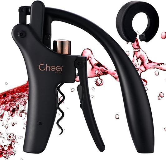 CHEER MODA Professional Manual Lever Wine Opener with Rabbit Motif – French Designer Corkscrew, Ergonomic Stainless Steel Opener + Foil Cutter + Replacement Screw (Matte Black-HK03)