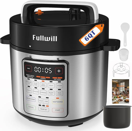 Fullwill 6QT Electric Pressure Cooker, 9-in-1 Multi-Use Programmable Pressure Cooker with Slow Cook, Rice Cook, Steamer, Sauté, Yogurt Maker, Food Warmer, Foodie Helper
