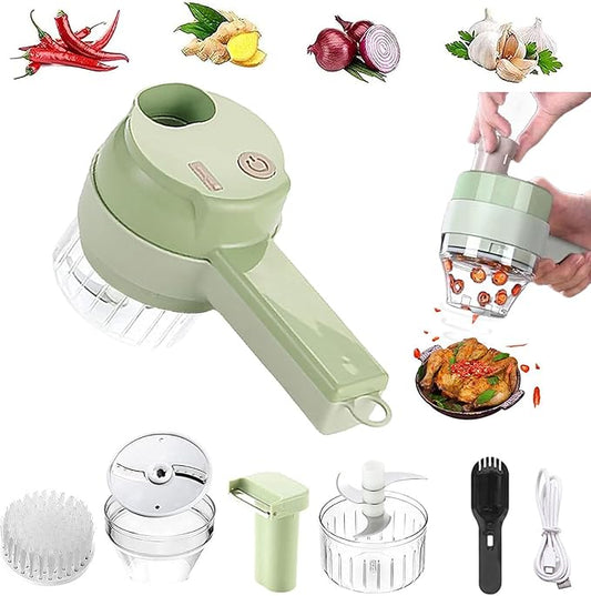 4 in 1 Handheld Electric Vegetable Cutter Set, Multifunctional Mini Electric Grinder Garlic Mud Masher Chopper, Portable Food Processor with Brush, for Garlic Chili Onion Ginger Celery Meat