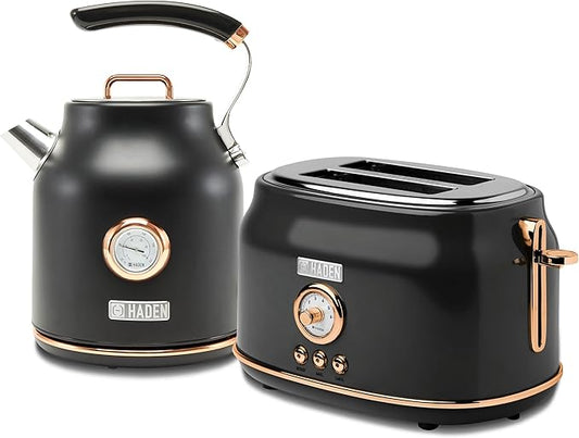 Haden Dorset 1.7 Liter Stainless Steel Electric Kettle with 360-Degree Base Bundled with 2 Slice Wide Slot Stainless Steel Toaster, Black & Copper