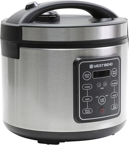 West Bend Rice & Grain Multi Cooker Programmable with 9 Preset Functions, Features Delay Start and Keep Warm Functions and Steam Basket, 20 Cups Cooked (10 cups uncooked), Stainless Steel