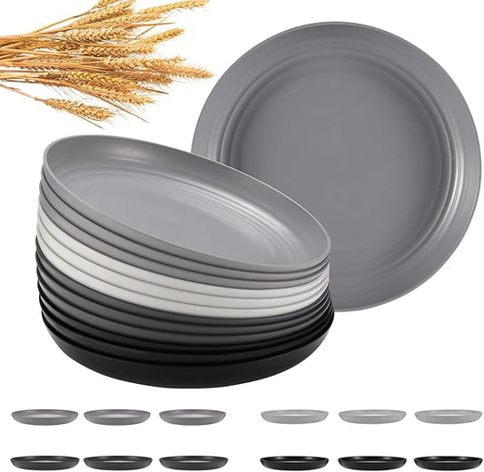 12 Pcs Unbreakable Deep Dinner Plates Set, 10 inch Reusable Plastic Wheat Straw Plates, Microwave and Dishwasher Safe Plate for Kitchen, Lightweight Plate for Dessert, BPA Free, 4 Colors