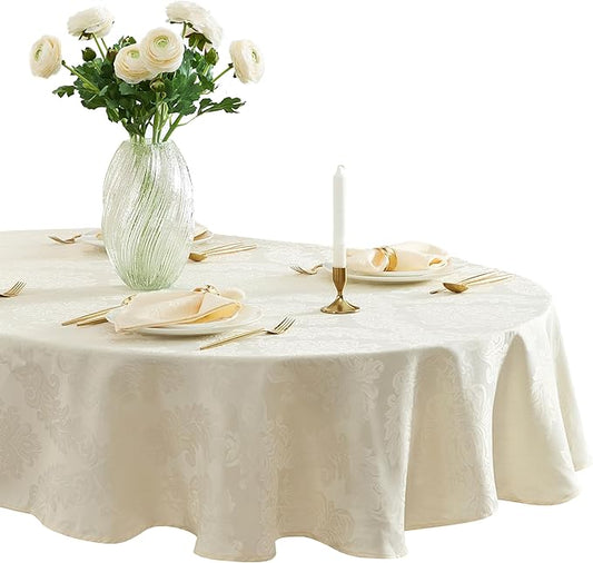 Newbridge Barcelona Luxury Damask Fabric Tablecloth, 60” Wide x 120” Oval, Antique White, 100% Polyester, No Iron, Soil Resistant Dining Room, Party and Banquet Table Cover