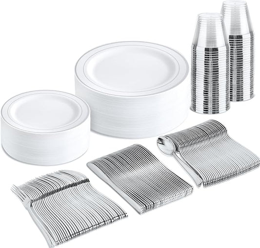 bUCLA 150-Piece Silver Disposable Dinnerware Set - White Plastic Plates with Silver Rim - Include 25 Dinner Plates, 25 Dessert Plates, 25 Forks, 25 Knives, 25 Spoons & 25 Cups for Party & Christmas
