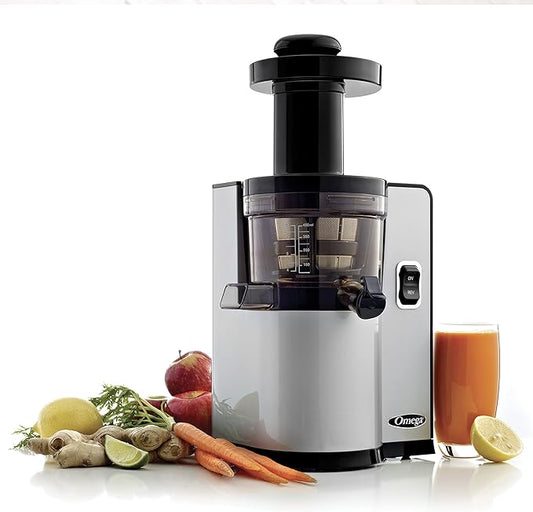 Omega Juicer Cold Press Vertical 43 RPM Slow Masticating Compact Juice Extractor for Fruits and Vegetables Quiet Operation with 3 Stage Auger Automatic Pulp Ejection and No-Drip Tap, 150-Watts, Silver