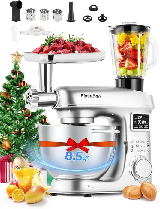 Stand Mixer 8-IN-1 8.5 Qt 2000W Multifunctional Fermentation Electric Kitchen Mixer 6 Speed Tilt-Head with Stainless Steel Bowl, 1.5L Glass Jar Meat Grinder Dough Hook Whisk Pasta Attachment