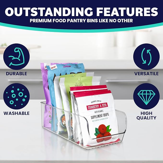 ELTOW 4-Pack Snack Organizer, 3-Compartment Plastic Bins with Removable Dividers, Chip & Food Storage for Pantry, Spices, Fridge, and Cabinet