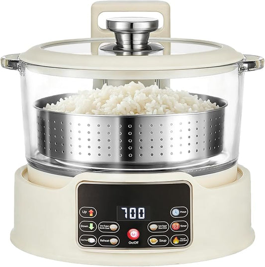 3L Low Carb Rice Cooker,Auto Lift Filter Basket for Low Sugar Rice, 6-Cup Stainless Steel Glass Rice Cooker with Steamer,for Rice, Soup, Oats,Digital Keep Warm (White)