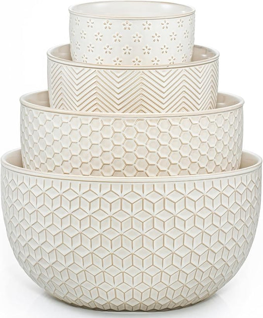 Ceramic Mixing Bowls, Embossed Nesting Bowls Set of 4, Mixing Bowl Set for Serving, Baking, Cooking and Gift, Microwave and Dishwasher Safe, 20/47/99/148 oz, Off-White