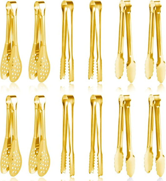 12 Pack Gold Premium Small Serving Tongs, Dmoera Mini Stainless Steel Appetizer Tongs, 5 Inch(12.7cm)
