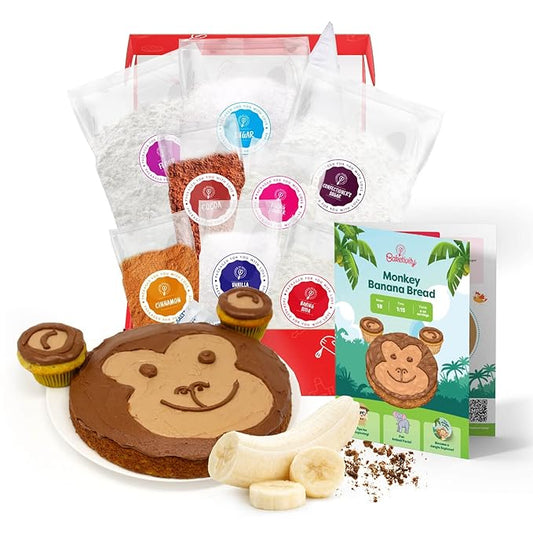 BAKETIVITY Monkey Banana Bread | Banana Cake Kids Baking Set for Girls & Boys | Baking Set for Kids with Pre-Measured Ingredients | Perfect Family Gifts for Cooking Lovers Ages 6-12