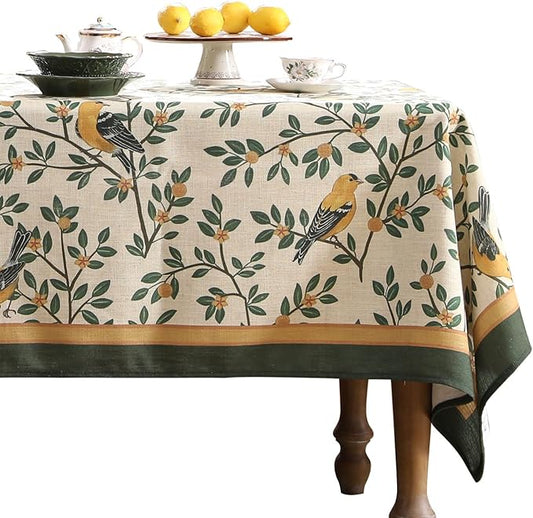 patdrea Designer French Table Cloth for Rectangle Table,Vintage Green Linen Birds and Leaves Pattern Tablecloths,Dacorative Cover Kitchen Dining,Christmas,Thanksgiving,Tea Party,63"x87"-Warbler