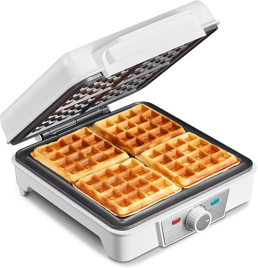 Belgian Waffle Maker 4 Slices, 1200W Waffle Iron, Anti-Overflow Waffle Iron with Browning Knob, Nonstick Plates, Indicator Lights, Silver/Black (White)