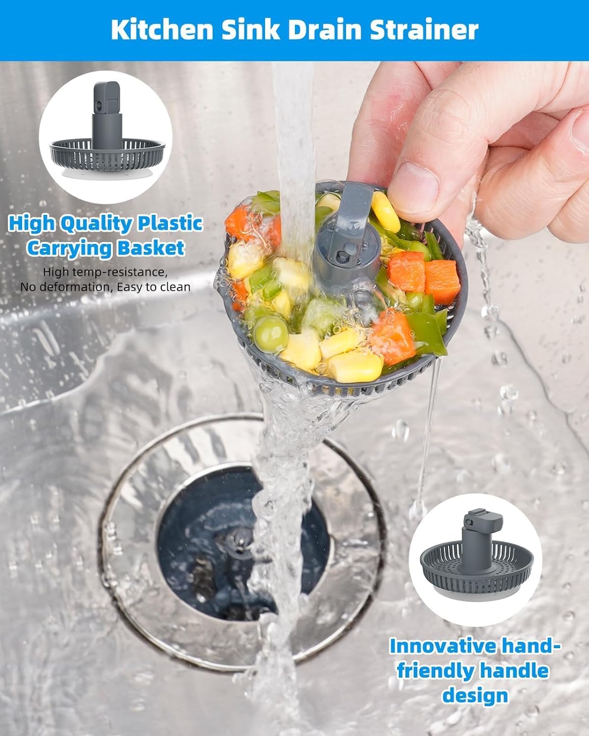 Hibbent 2 Pack 3 in 1 Kitchen Sink Drain Strainer and Stopper Combo, Chrome Stainless Steel Wraped Shell, 6 Anti-Clogging Basket Strainer with Foldable Handle for US Standard 3-1/2" Drain