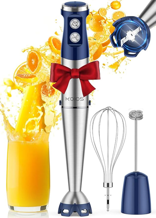 KOIOS Immersion Blender, 1000W Anti-scratch 3-in-1 Hand Blender, Upgraded 12 Speed Stainless Steel Blade Stick Blender with Turbo Mode, Whisk and Milk Frother, Non-BPA, Blue