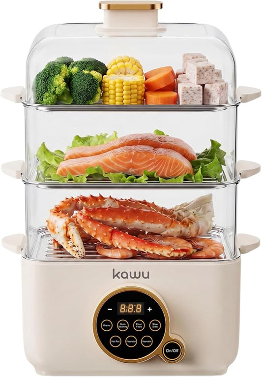 Kawu 16 Quart Food Steamer for Cooking, 4-Tier Electric Vegetable Steamer Hot Pot with Stainless Steel Tray, 1100W Fast Heating, 12H Timer, Keep Warm, Digital Steam Cooker for Grains, Meat & Sea Food