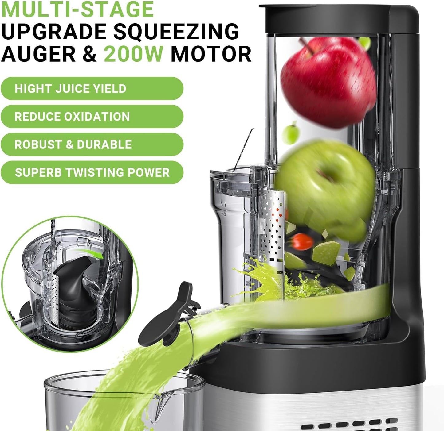 AMZCHEF Cold Press Juicer, 3.1" Juicer Machines with Large Feed Chute for Whole Fruits & Vegetables, Stainless Steel Juice Extractor with Large Auger, Dual Strainers, Easy Cleanup & Assembly