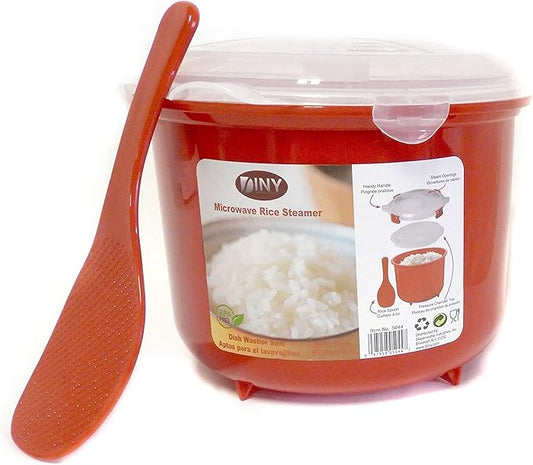Microwave Rice Steamer Cooker BPA-Free – 2.6L (87.9oz) Red Rice Maker with Lid and Spoon – Dishwasher Safe Microwaveable Cooker for Basmati, Spanish, Indian Rice, Pasta, Ramen, and Vegetables