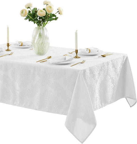 Newbridge Barcelona Luxury Damask Fabric Tablecloth, 70” x 70”, Square, White, 100% Polyester, No Iron, Soil Resistant Dining Room, Party and Banquet Table Cover
