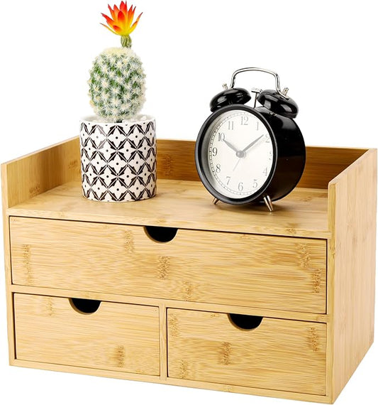 Charmewooden Bamboo Desk Organizer 3 Drawer with Shelf, Countertop Organizer with Drawers Makeup Storage Drawer 3 Drawers Tabletop Storage Organization Box Home Office Workspace