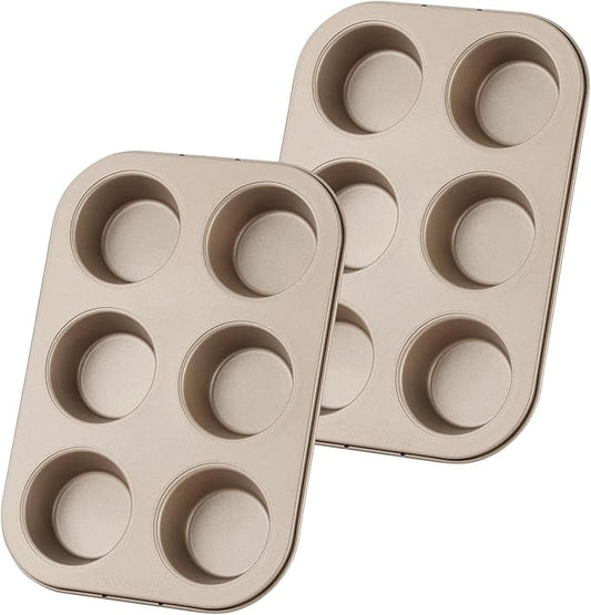 2-Pack Non-Stick Muffin Pan Set — 6-Cup Carbon Steel Baking Pans for Perfect Muffins & Cupcakes, Golden Easy-Release Surface, Even Heat Distribution, Dishwasher Safe