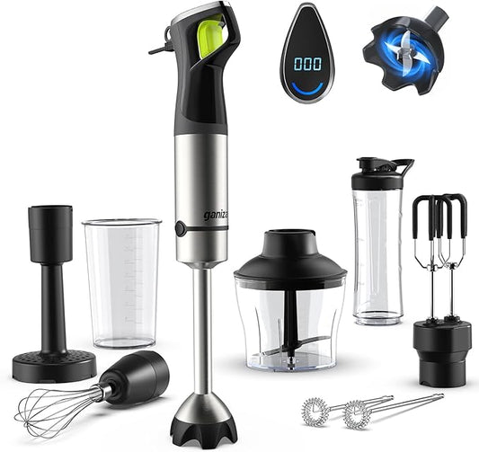 Ganiza Immersion Blender, Max 1200W Heavy Duty Hand Blender with Time Display & Variable Speed Trigger, 9-in-1 Electric Handheld Mixer with Chopper Whisk Frother Beaker Ideal for Soup Puree Smoothies