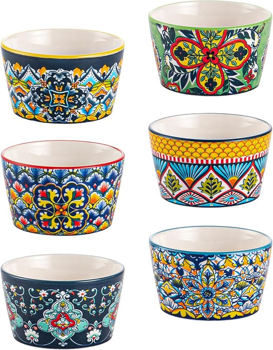 8 oz Ramekins Oven-Safe – Baking Cups for Creme Brulee, Puddings, Souffles, Custards, Ice Cream & Dips – Ceramic Single-Serve Bowls Set of 6, Bohemian Style