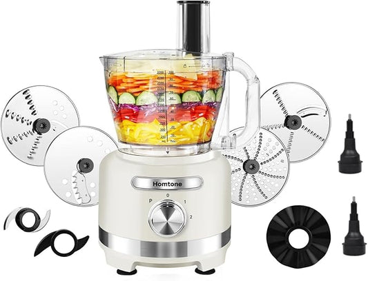 Homtone 16-Cup Food Processor, Heavy-Duty 9-Function Appliance with 7 Blades & 3 Speeds for Dough Kneading, Meat Chopping, Slicing, Shredding & Making French Fries, 600W (White)