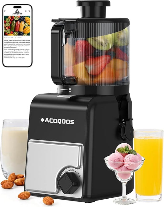 ACOQOOS Juicer Machines, 6.5" Extra Large Feed Chute Cold Press Juicer 3-IN-1 with Sorbet & Nut Milk, BPA Free, Easy to Clean, 100 OZ Hopper, Silver-Black