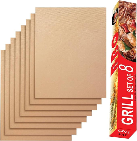 Renook Copper Grill Mats for Outdoor Grill, Set of 8 BBQ Grill Mat for Outdoor Gas Grill, Non-Stick Copper Cooking Sheets, 15.75 X 13 Inch