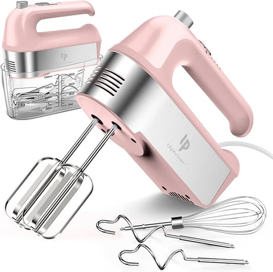 Hand Mixer Electric, 450W Kitchen Mixers with Scale Cup Storage Case, Turbo Boost/Self-Control Speed + 5 Speed + Eject Button + 5 Stainless Steel Accessories, For Easy Whipping Dough, Cream, Pink