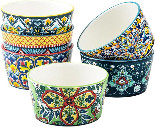 Ramekins Oven Safe for Creme Brulee - Porcelain Pudding Custard Cups 6 oz - Small Serving Bowls for Souffle, Dipping Sauce, Ice Cream, Baking Ramiken Set of 6 - Bohemian Style