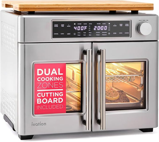Ivation Dual Zone Air Fryer French Door Oven - 32 Quatity Convection Toaster Combo, 10-in-1 Multifunction Up to 450° - 1800W - Temperature Control, Timer - Stainless Steel - Dehydrate, Bake, Roast