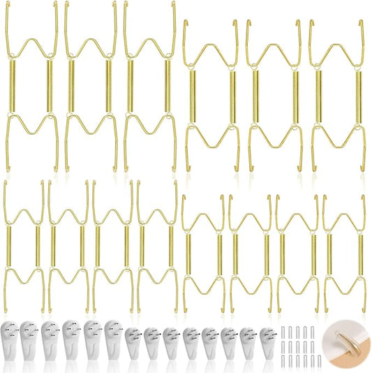 14 Pack Plate Hangers for Wall Display, 6/8/10/12 Inch Invisible Stainless Steel Plate Holders with Wall Hooks, Fit 5.5–12.5 Inch Decorative Plates, Plate Display Hangers for Home Wall Decor, Gold