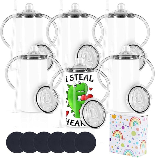 12 Oz Sublimation Sippy Cup 6 Pack, Kids Sublimation Sippy Tumblers, Stainless Steel Todder Water Bottle